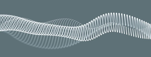 Вектор Красивый векторный абстрактный фон летающих частиц в движении, волнистые линии текут большие технологии данных и научная тема, массив трехмерных точек течет в движении, нанотехнологии.