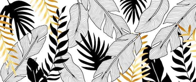 Beautiful vector abstract illustration with palm leaves fern golden branches with leaves