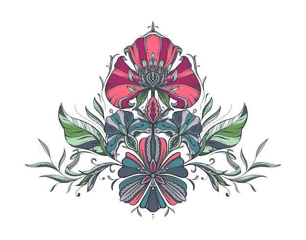 Vector beautiful vector composition with hand drawn floral elements leaves