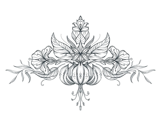 Вектор Красивая векторная композиция с нарисованными вручную цветочными элементами листьев