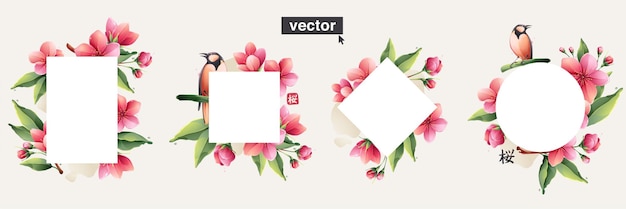 Beautiful vector frames set with watercolor cherry blooming flowers gold lines