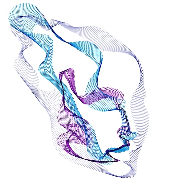 Bellissimo ritratto vettoriale del volto umano, illustrazione artistica della testa dell'uomo fatta di array di particelle punteggiate, intelligenza artificiale, interfaccia software di programmazione pc, anima digitale.