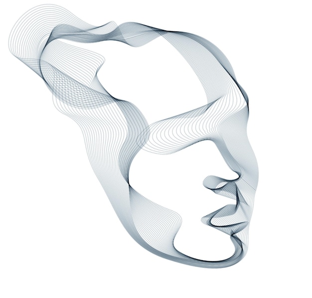 Vettore bellissimo ritratto vettoriale del volto umano, illustrazione artistica della testa dell'uomo fatta di array di particelle punteggiate, intelligenza artificiale, interfaccia software di programmazione pc, anima digitale.