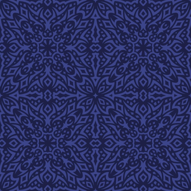 暗い背景に抽象的な青い部族のシームレスなパターンと美しいベクトル図