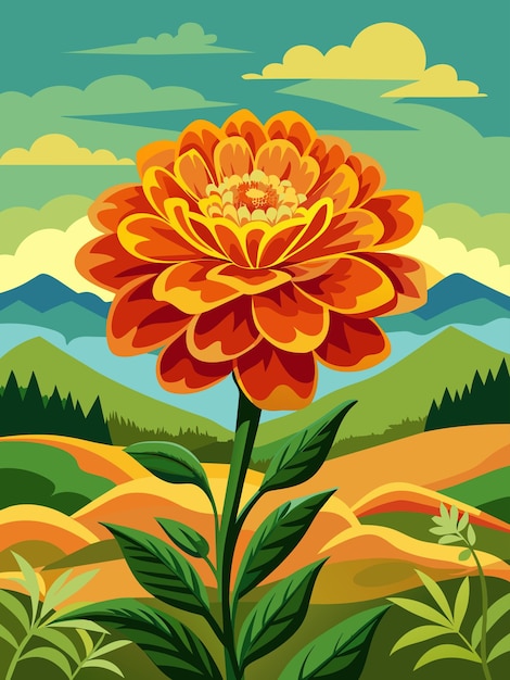 A beautiful vector landscape background with a field of blooming marigolds under a clear blue sky