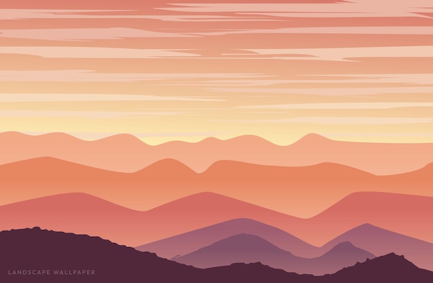 Beautiful vector landscape illustration peaceful warm sunrise over mountains design