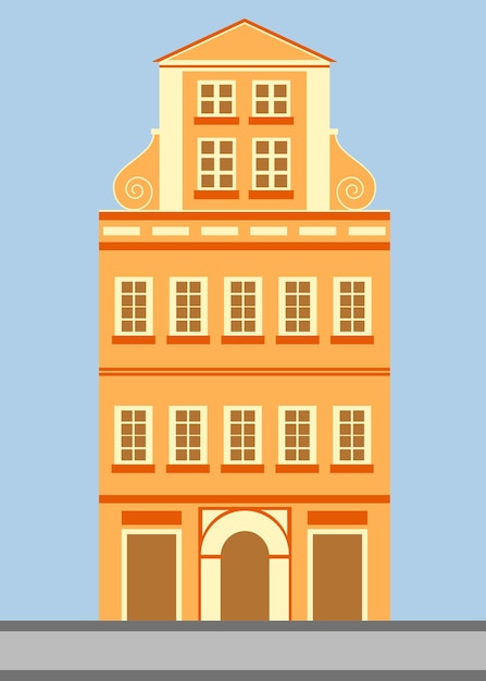 Bellissimo vettore della vecchia casa arancione, facciata dell'edificio in stile vittoriano retrò.