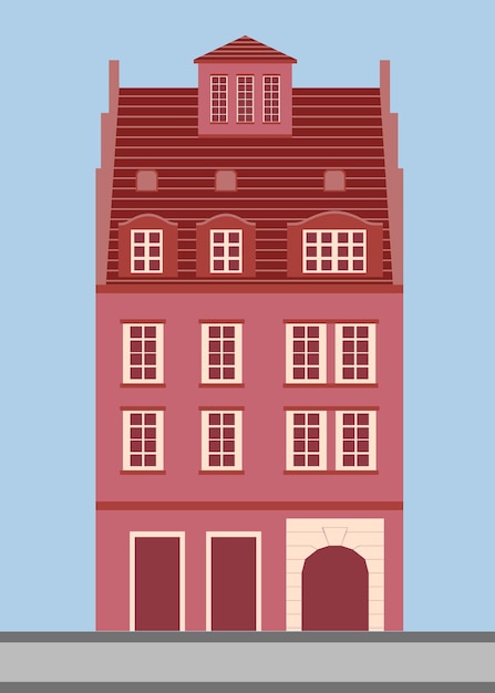 Beautiful vector of old red house, retro victorian style building facade.