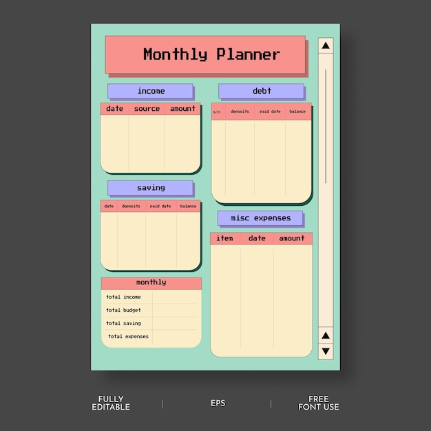 Beautiful vector retro 8 bit budget planner template