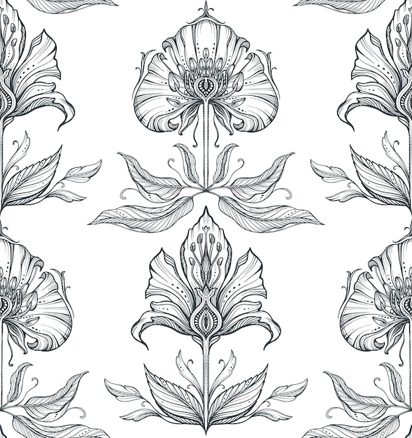 Beautiful vector seamless pattern with hand drawn floral elements flowers and leaves