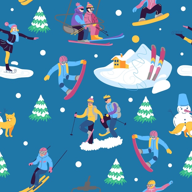 Beautiful vector seamless pattern with ski snowboarding snowsh