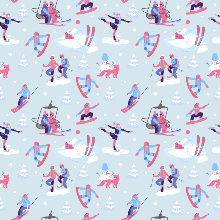 Beautiful vector seamless pattern with ski snowboarding snowsh