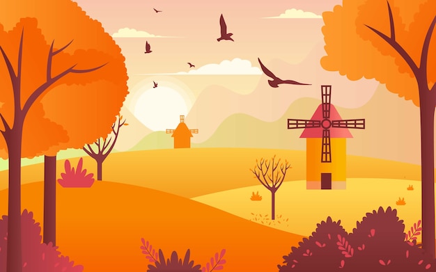 Vector beautiful view of autumn. countryside with windmill.