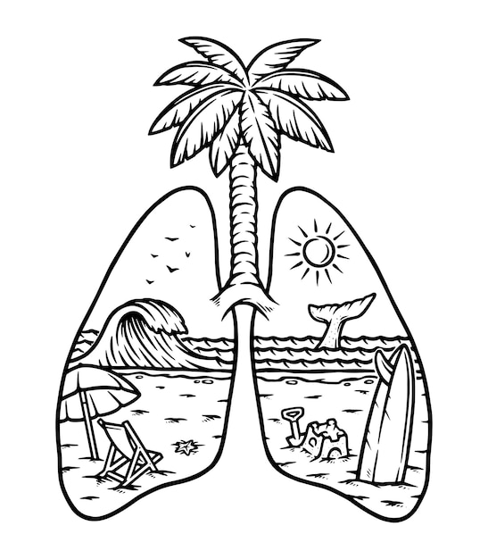 A beautiful view of the beach in lungs line illustration