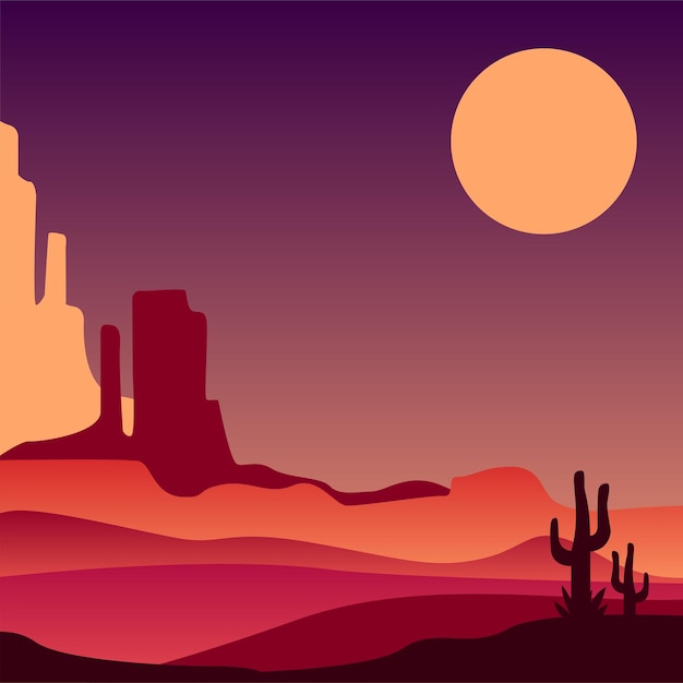 Beautiful view on stony Arizona desert with silhouettes of cactus plants. Natural scenery of North America. Design for poster, print or postcard. Vector illustration with pink and purple gradients.
