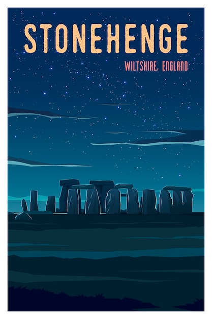 Vector beautiful view in sunset in england with historical buildings stonehenge