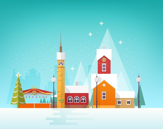 beautiful view of winter city or town in snowfall.
