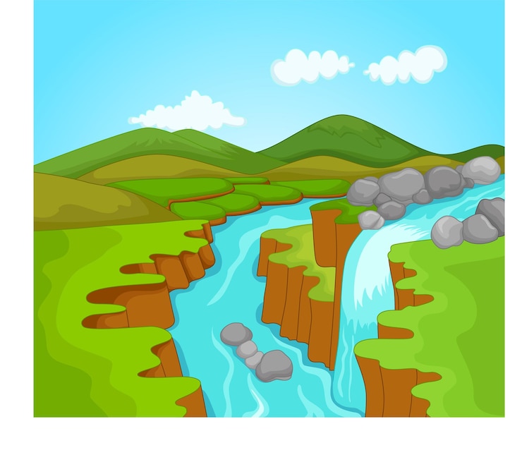 Vector beautiful view with waterfall