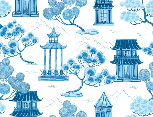 Vector beautiful vintage chinese pagoda blue chinoiserie trees floral seamless pattern on white background