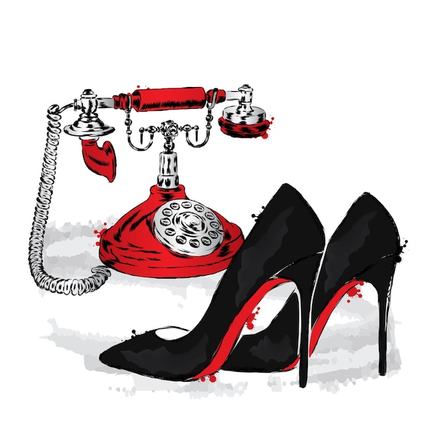 Vector beautiful vintage telephone and high-heeled shoes