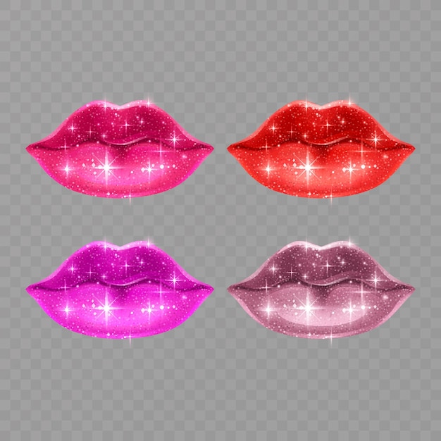 Vector beautiful voluminous lips on a transparent background pink lips with a shiny glitter texture