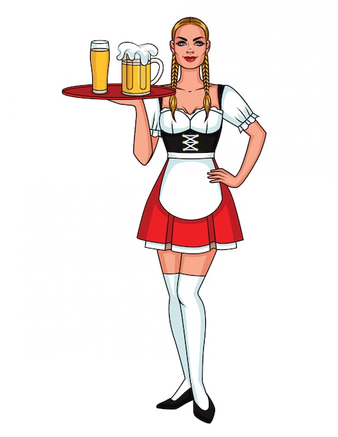 Beautiful waitress in uniform at the oktoberfest festival with a meal tray.