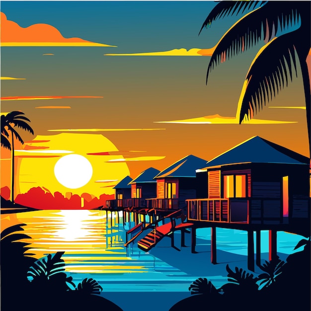 Beautiful water villas in tropical maldives island at the sunrise time vector illustration
