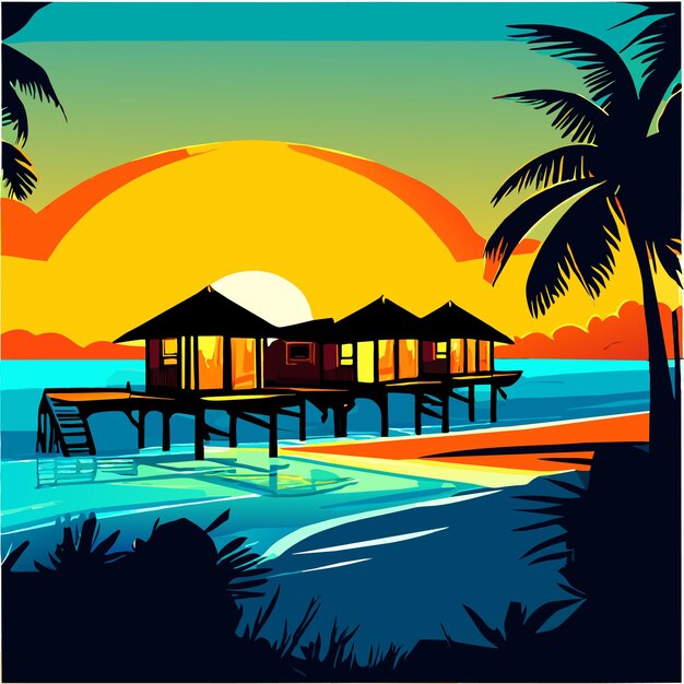 Beautiful water villas in tropical maldives island at the sunrise time vector illustration