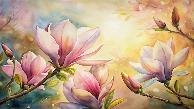 A beautiful watercolor background of blooming magnolia flowers