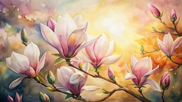 A beautiful watercolor background of blooming magnolia flowers