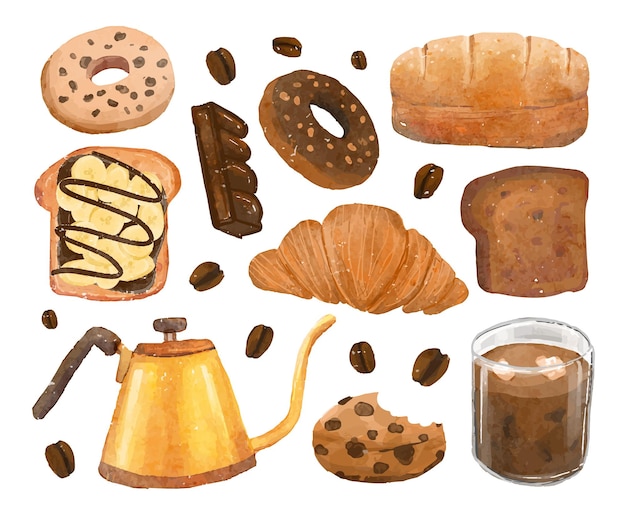 Vettore bella panetteria ad acquerello con dessert di pane e illustrazioni vettoriali di caffè