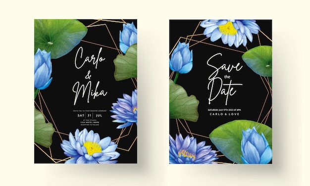 Vector beautiful watercolor blue lotus flower invitation card