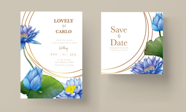 Beautiful watercolor blue lotus flower invitation card