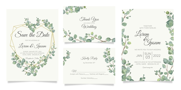 Vector beautiful watercolor botanic wedding invitation card template set with flowers decoration