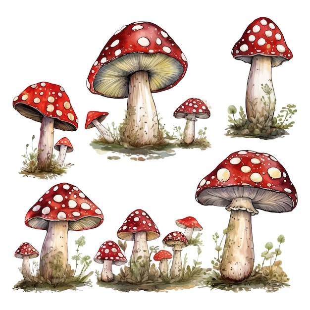 Beautiful watercolor clip art set with hand drawn forest amanita mushroom