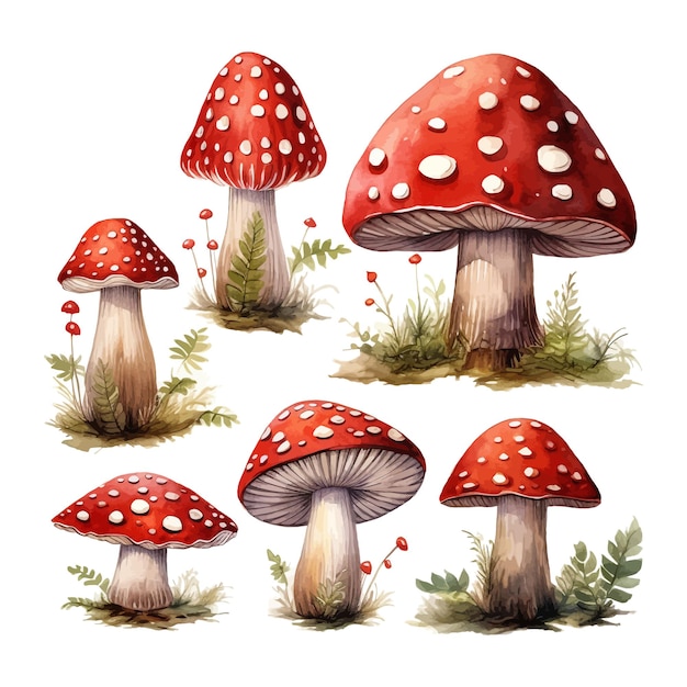 Beautiful watercolor clip art set with hand drawn forest amanita mushroom