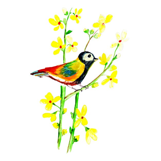 Beautiful Watercolor Exotic Bird on a Branch Background 