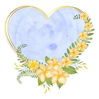 Bellissimo design con cornice floreale ad acquerello con cornice dorata e schizzi blu