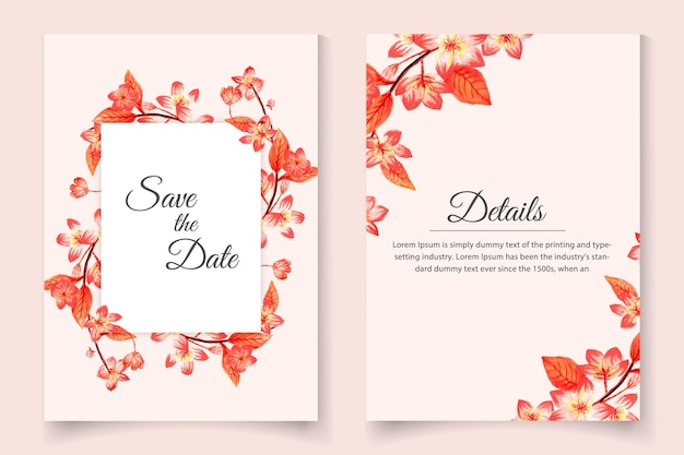 Beautiful watercolor floral hand drawn wedding invitation card set template