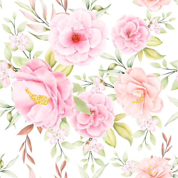 beautiful watercolor floral and leaves seamless pattern