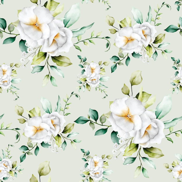 Beautiful watercolor floral seamless pattern with greenery leaves and white flower