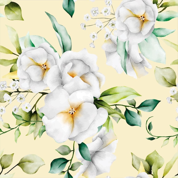 Beautiful watercolor floral seamless pattern with greenery leaves and white flower