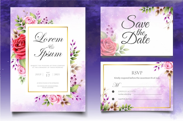 Beautiful watercolor floral wedding invitation card template