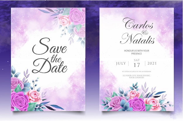 美しい水彩画の花の結婚式の招待カードテンプレート