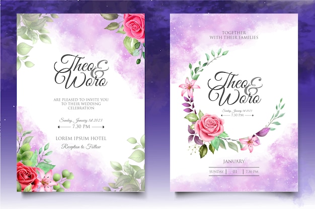 Beautiful watercolor floral wedding invitation card template