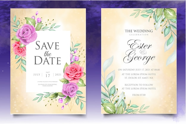 Beautiful watercolor floral wedding invitation card template