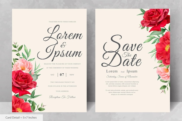 Vector beautiful watercolor floral wedding invitation set with hand drawn peony and leaves