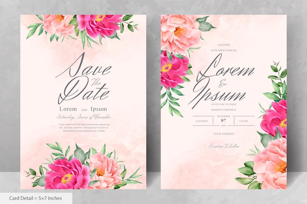 Красивые акварельные цветочные свадебные приглашения с нарисованными от руки пионами и листьями