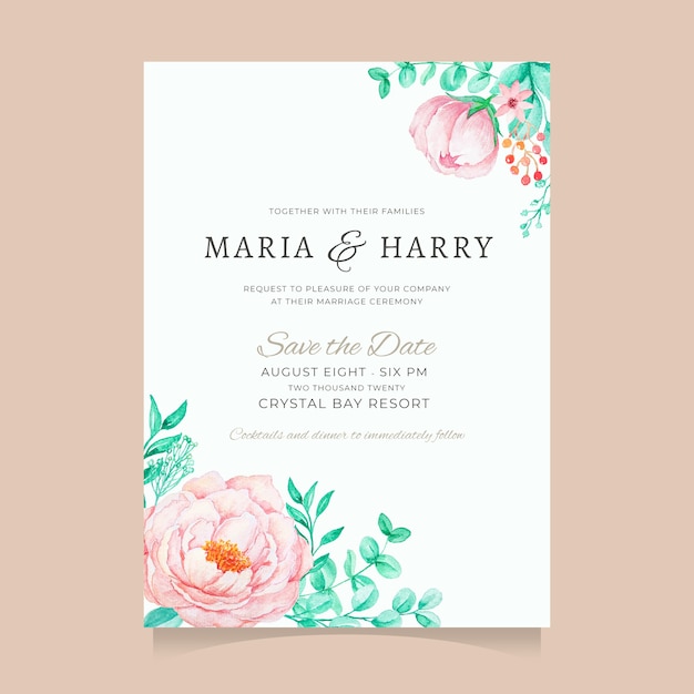 Beautiful watercolor floral wedding invitation template