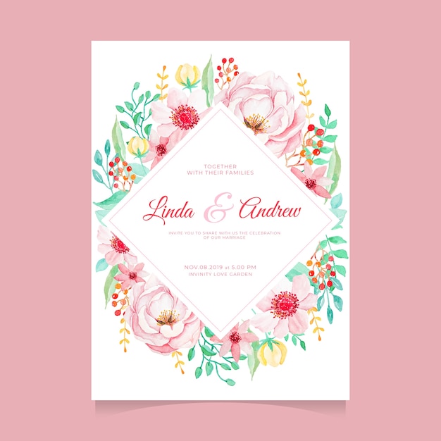 Vector beautiful watercolor floral wedding invitation template